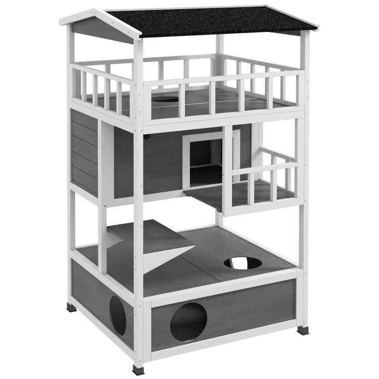 Light gray wooden multi-level cat house with dark asphalt roof and circular openings