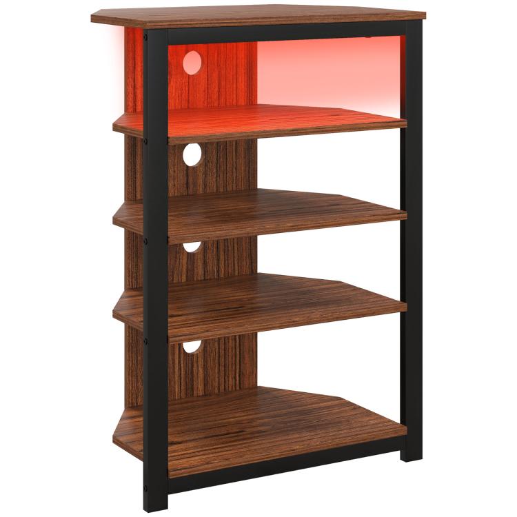 Brown wood TV stand with black steel legs and four open storage shelves