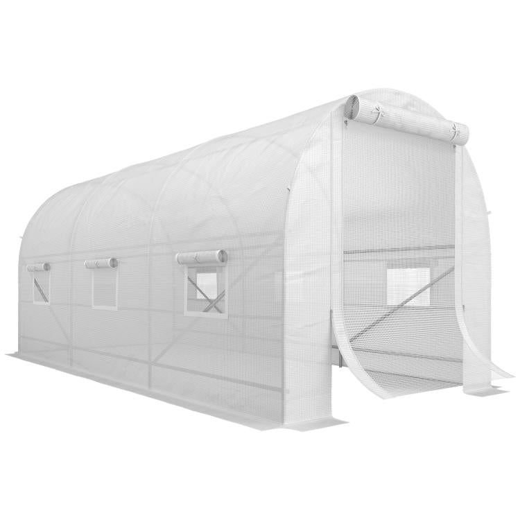 White walk-in tunnel greenhouse with roll-up windows and rolled door opening