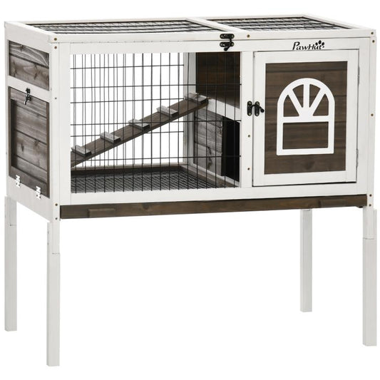 Elevated rabbit hutch with wire enclosure, front door panel, and dark ramp inside