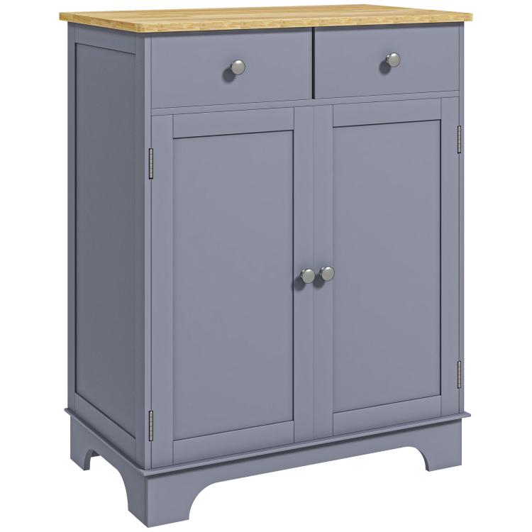 Gray sideboard cabinet with solid wood top, two drawers and two panel doors