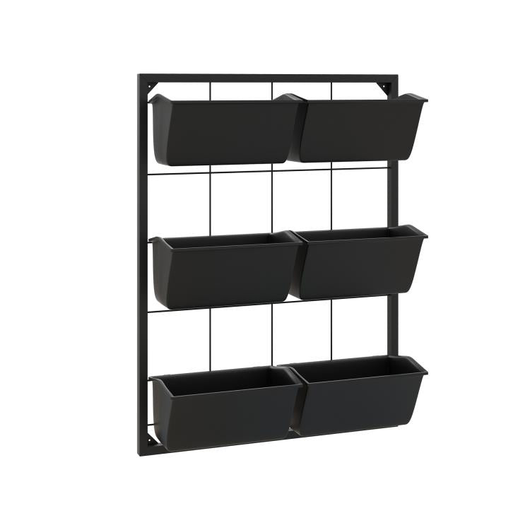 Black 3-tier wall planter with six rectangular hanging pots on metal frame