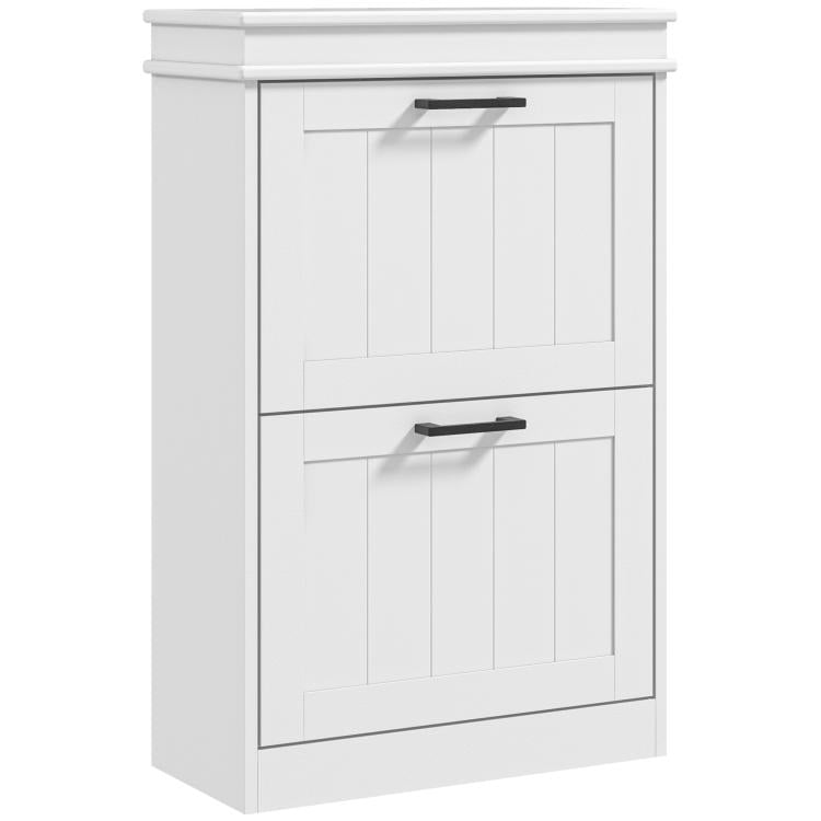 White shoe storage cabinet with two flip drawers and black pull handles, front view