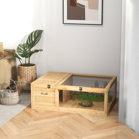 Wooden reptile enclosure with front opening and raised mesh panel top