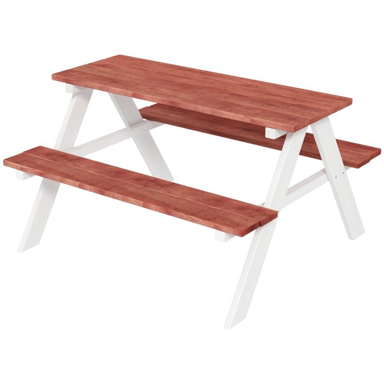 Kids picnic table set with brown tabletop and two benches, white legs