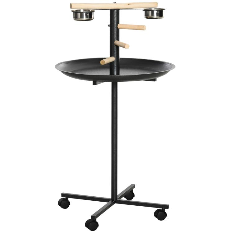 Portable bird feeding stand with two stainless bowls, wooden perches, and wheels
