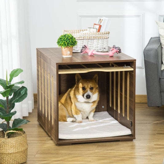 Brown dog crate bed end table with foam cushion and open front for small dogs