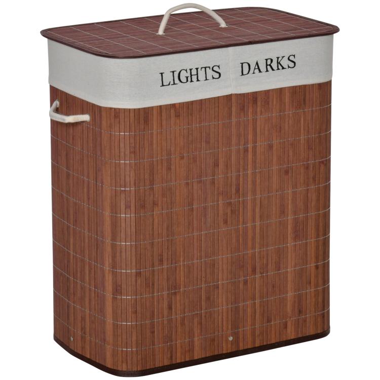 Brown bamboo laundry hamper with lid labeled LIGHTS/DARKS and string handle