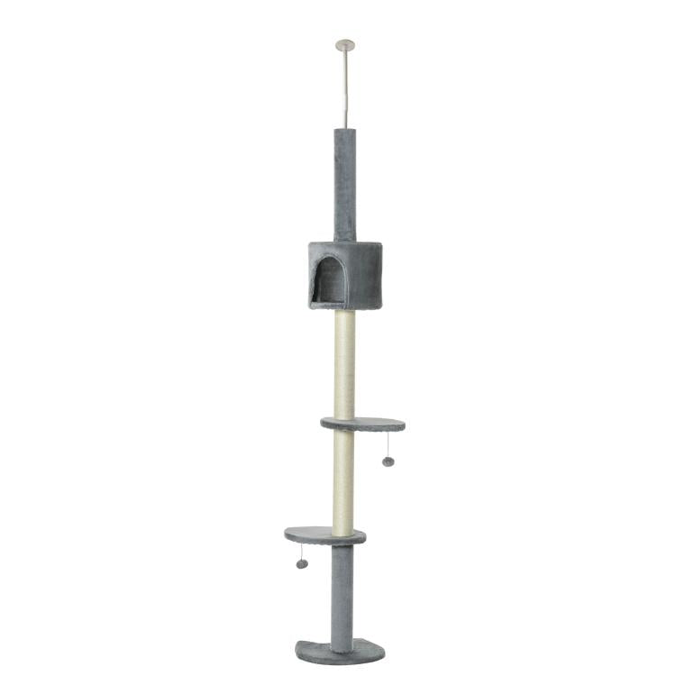 Adjustable grey cat tower with stacked platforms and hanging ball toy