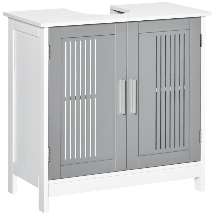 Grey and white bathroom pedestal cabinet with slatted double doors and center handles
