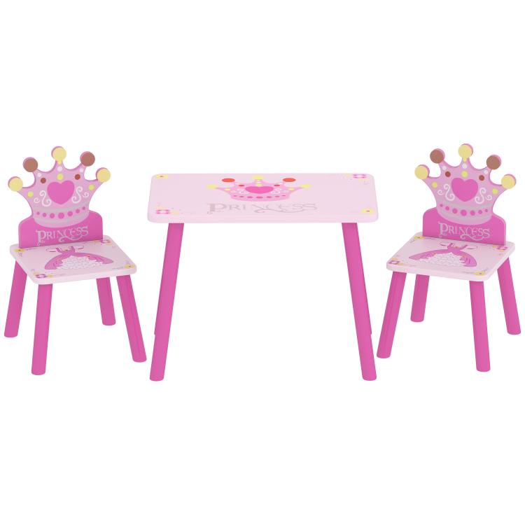 Pink kids wooden table and two chairs with crown graphics