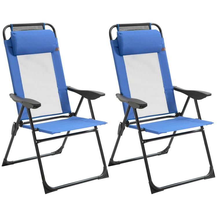 Set of 2 blue folding patio chairs with removable headrests and black armrests