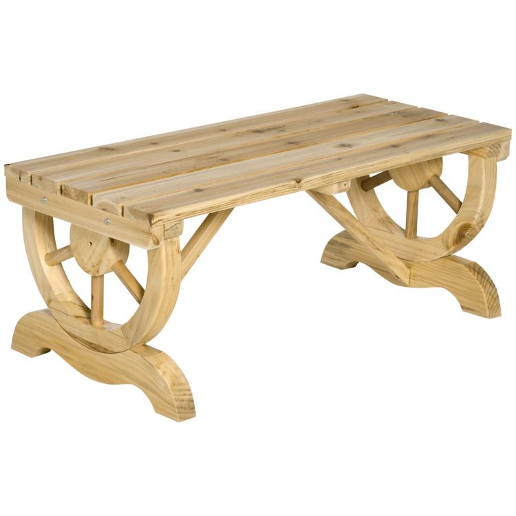 Natural wood outdoor bench with wagon-wheel style end supports