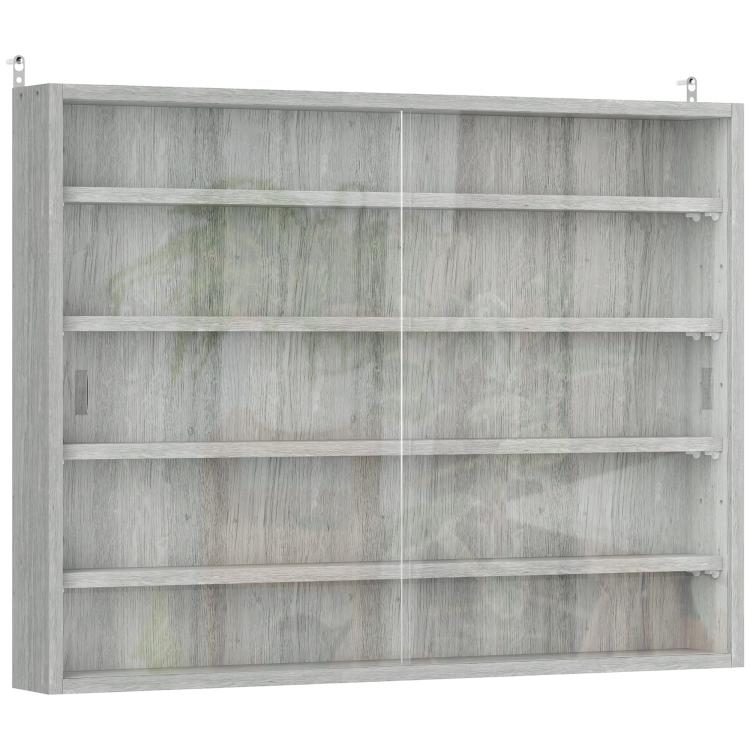 Wall-mounted gray display cabinet back with adjustable shelves and glass-door frame