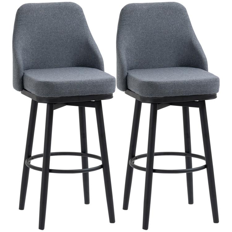 Pair of dark gray bar stools with upholstered backs, black legs, and round footrest