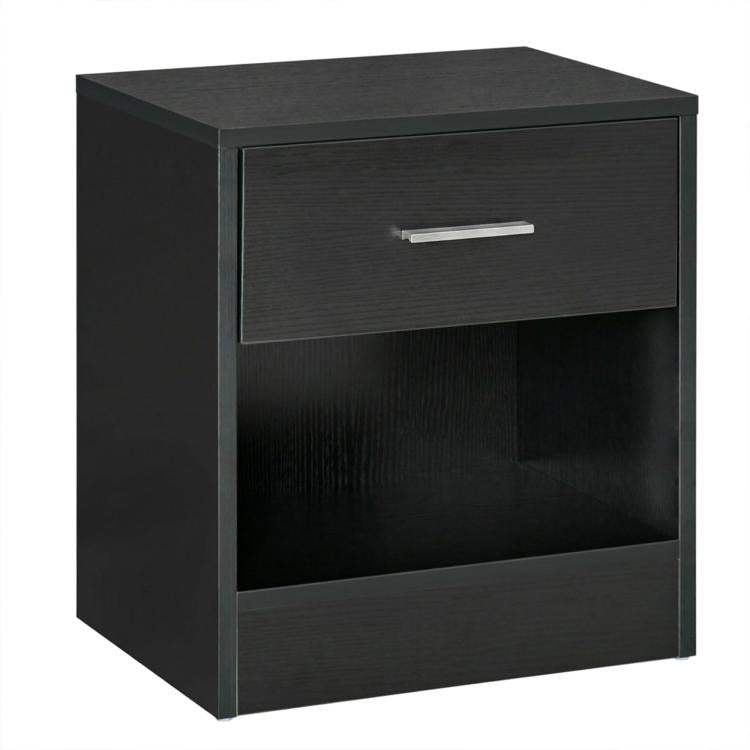 Modern black side table with drawer and storage shelf, square cabinet