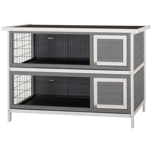 Two-story dark gray wooden small animal hutch with wire enclosures and front doors