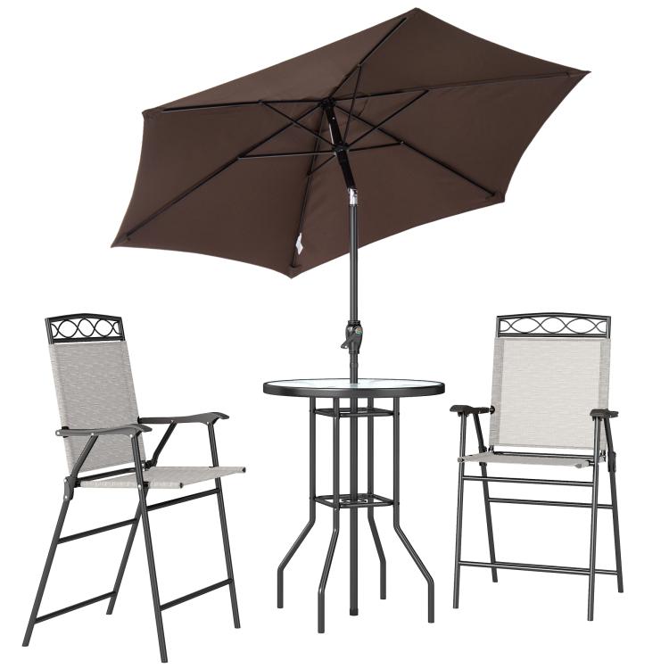 Outdoor bar table set with dark brown umbrella, round glass top, and two grey sling chairs