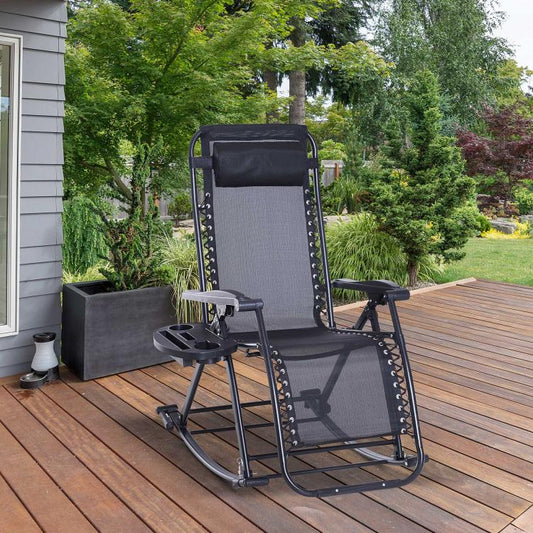 Outdoor Rocking Chairs, Foldable Reclining Zero Gravity Lounge Rocker with Pillow, Cup & Phone Holder, Combo Design with Folding Legs, Black