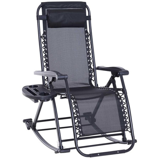 Outdoor Rocking Chairs, Foldable Reclining Zero Gravity Lounge Rocker with Pillow, Cup & Phone Holder, Combo Design with Folding Legs, Black