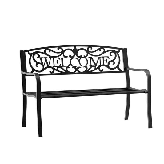 Black 2-person garden bench loveseat with "WELCOME" vine scroll backrest.