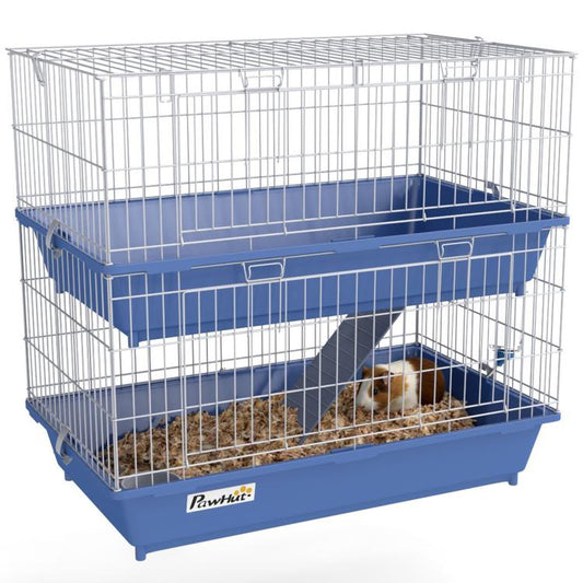 Blue wire small animal 2-tier cage with ramp and divider, includes lower tray bedding area