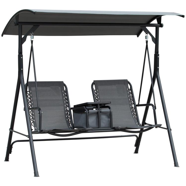 2 Person Porch Swing with Canopy, Storage Table, Cup Holder, Gray