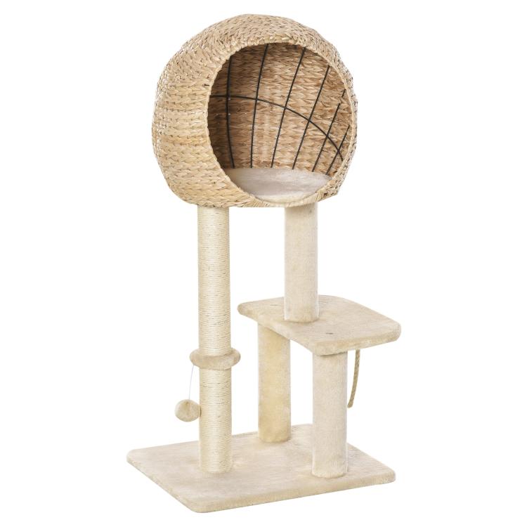 Beige cat tree with round sisal condo, three posts, and elevated platforms