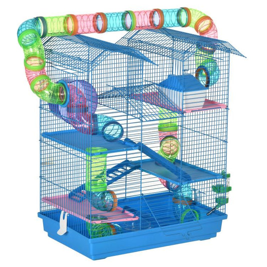Blue 5-tier hamster cage with colorful tubes, tunnels, and multi-level platforms