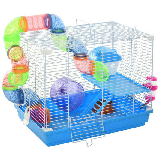 Two-level small animal wire cage with blue base, colorful tunnels, and exercise wheel
