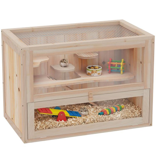 Natural wood two-level small animal cage with mesh roof and front opening door