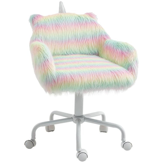 Rainbow fluffy unicorn plush office chair with mid-back, armrests, and white swivel base