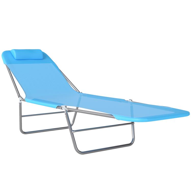 Blue folding chaise lounge with reclining back, head pillow, and steel frame mesh