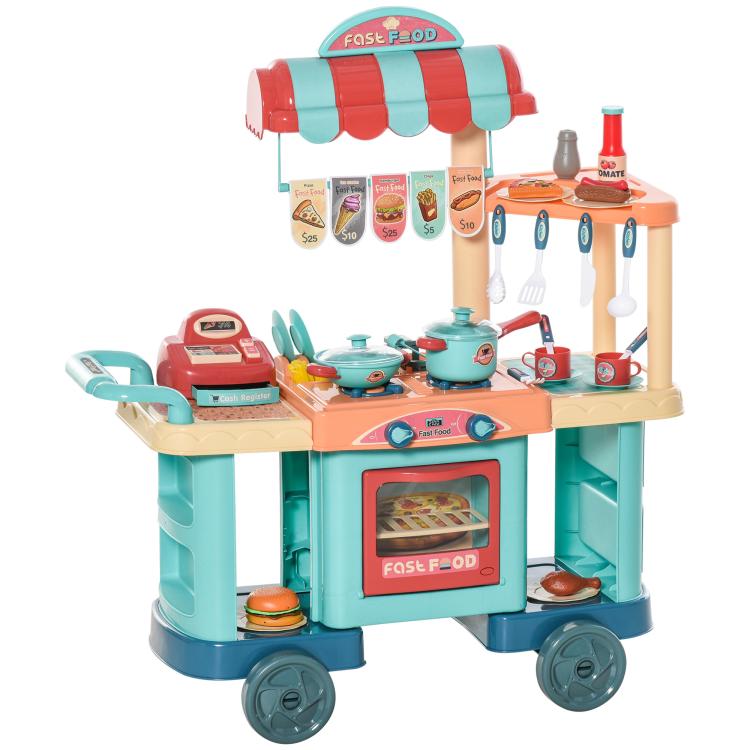 Colorful kids play kitchen food stand with oven window, play utensils, and wheels