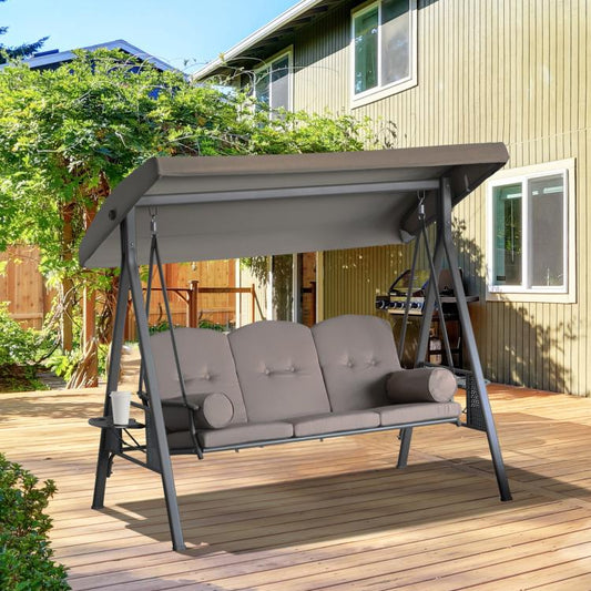 3-Seat Patio Swing Chair, Outdoor Porch Swing Glider with Adjustable Canopy, Removable Cushion, Brown