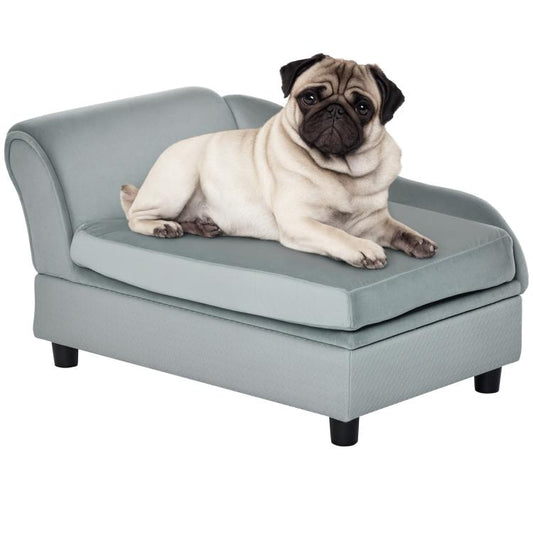 Pale gray upholstered dog sofa bed with padded seat and black legs