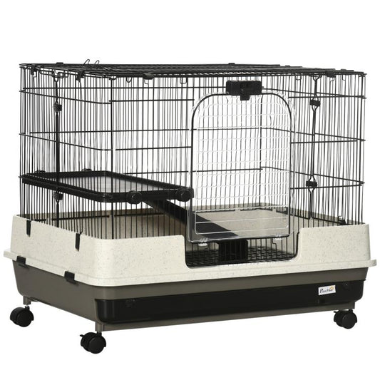 2-tier rolling small animal cage with black wire panels and light beige base