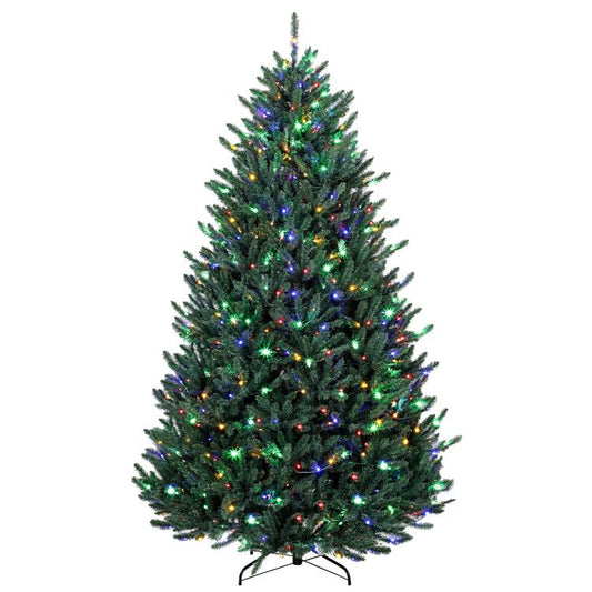 Prelit Colorado blue spruce Christmas tree with multicolored LED lights and hinged stand