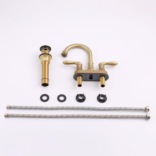 Bathroom Faucet Brushed Gold with Pop-up Drain & Supply Hoses 2-Handle 360 Degree High Arc Swivel Spout Centerset 4 Inch Vanity Sink Faucet