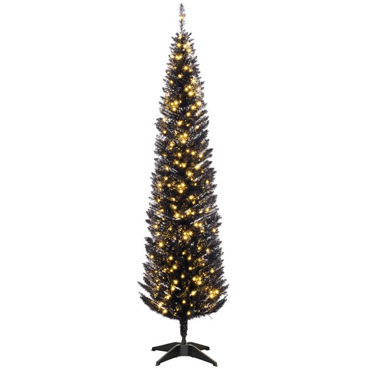 Slim black pencil Christmas tree on stand with warm white LED lights