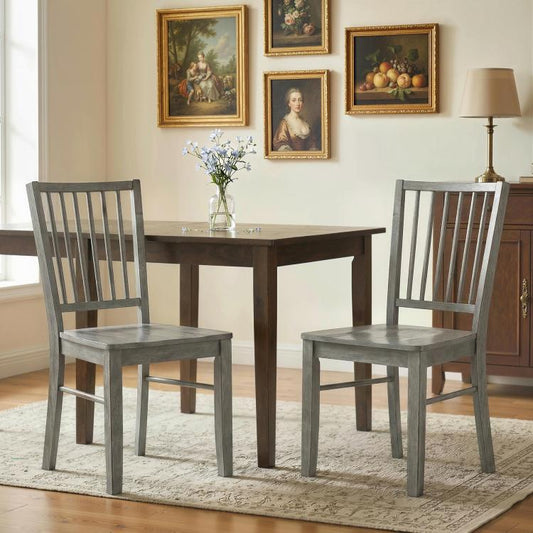 Rustic gray dining chairs with vertical slat backrests and armless square wooden legs