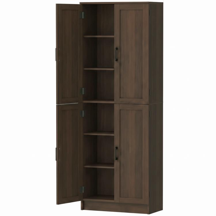 Freestanding kitchen pantry cabinet with open shelves and two door panels