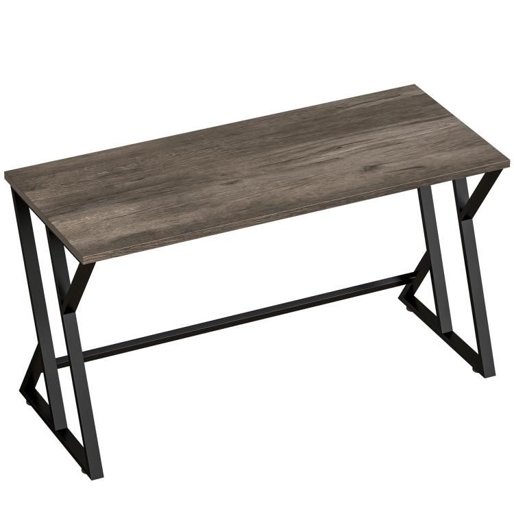 Industrial writing desk with dark distressed tabletop and black Z-shaped metal legs