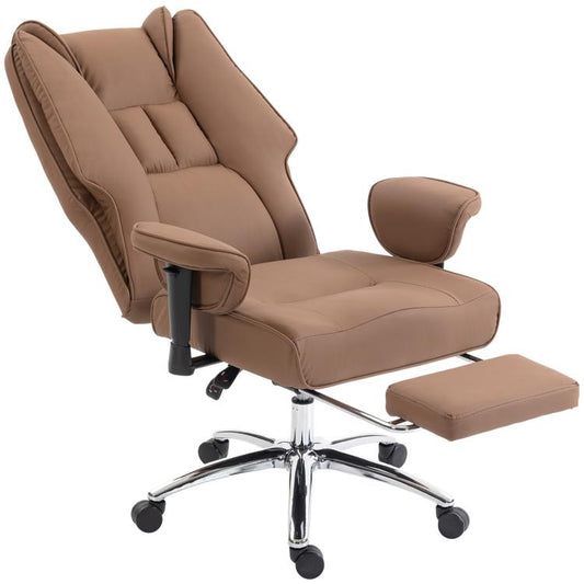 Brown faux leather office chair with high back, recline seat, padded adjustable armrests