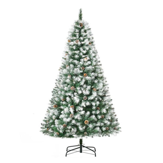 Snow-dusted artificial fir Christmas tree with pine cones and full, conical shape