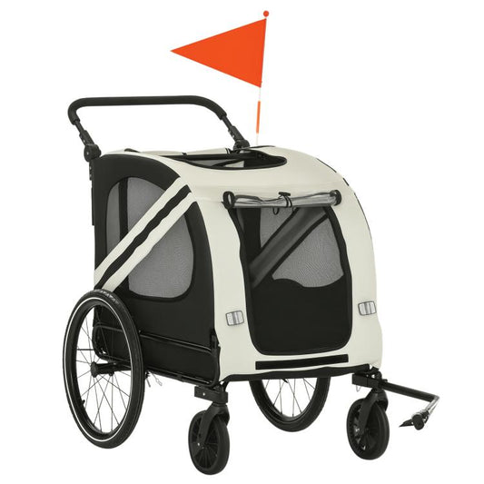 White and black 2-in-1 pet bike trailer with mesh windows and front canopy for dogs