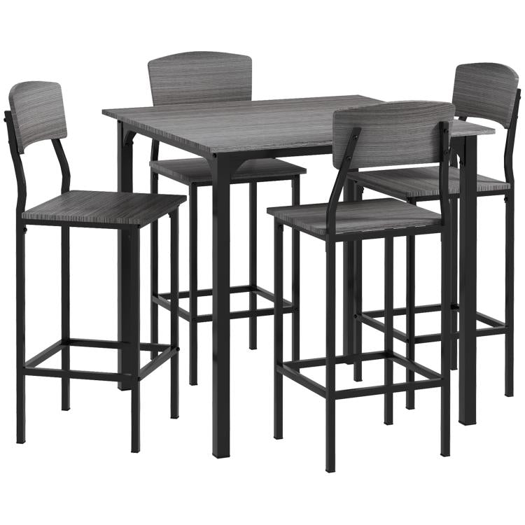 Gray counter-height square bar table with four matching stools and footrests