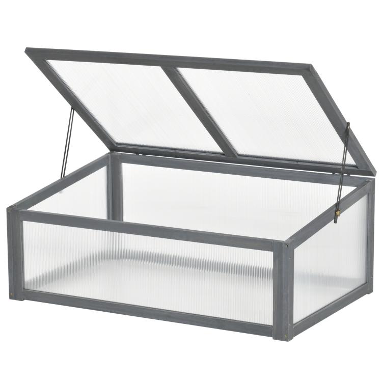 Mini cold frame greenhouse with gray wood base and clear polycarbonate open lid