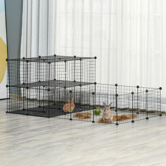 Black pet playpen cage with wire mesh panels and interior platforms in a room