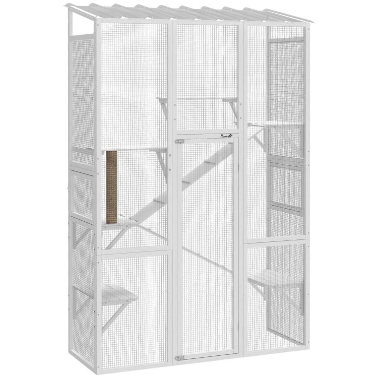 Large cat enclosure in white with mesh doors and internal platforms and ramps